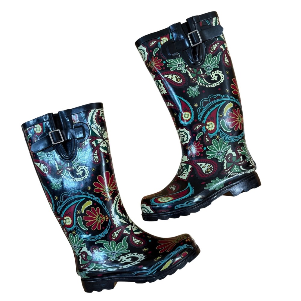Nomad Whimsical Paisley Black Waterproof‎ Rubber Rainboot Women Size 5